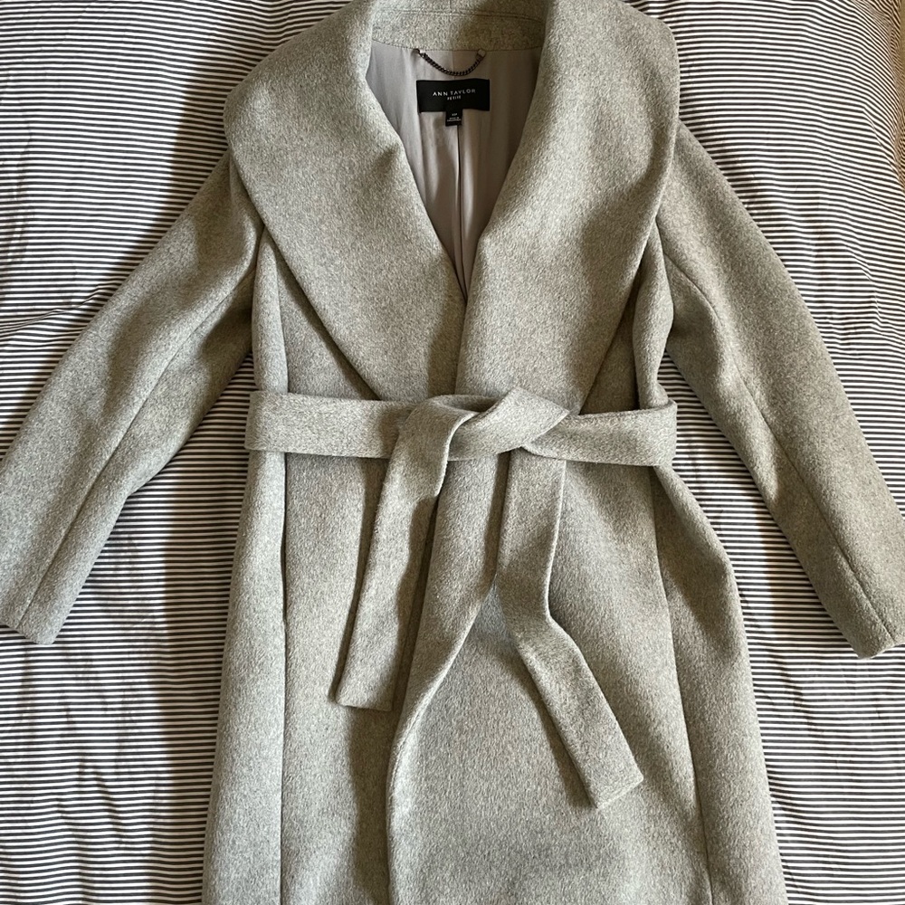 Ann Taylor Gray Wool Belted Coat, XS petite